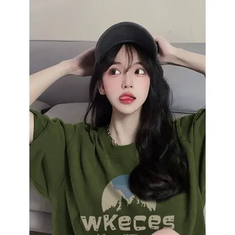 绿色短袖女夏季圆领半袖t恤美式复古国潮小众设计感oversize上衣商品大图