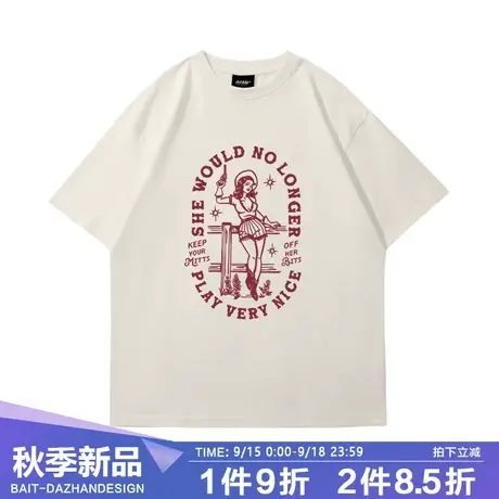 男装夏季新款体恤男美式高街牛仔女郎印花短袖透气宽松男休闲T恤商品大图