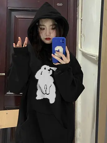 兔子印花连帽卫衣女大码秋冬加绒加厚宽松慵懒风古着vintage外套图片