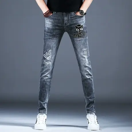 高级灰色牛仔裤子男款印花2024新款男士小脚修身裤子弹力潮牌潮流图片