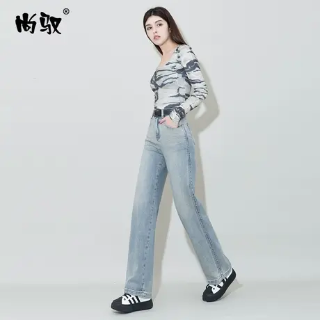 蓝色弹力牛仔高腰直筒裤女2024年春季新款拖地裤遮肉显瘦阔腿裤潮商品大图