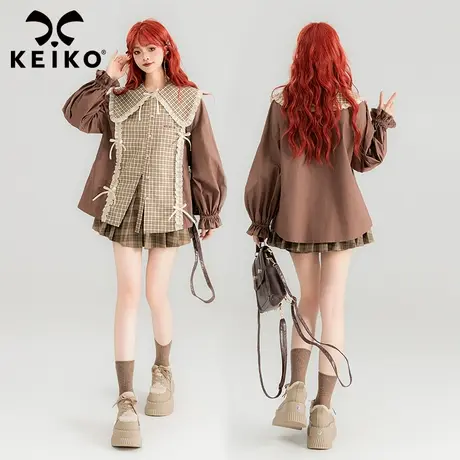 KEIKO 法式田园风拼色娃娃领衬衫2024春夏甜美褶皱花边泡泡袖上衣图片