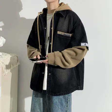 假两件牛仔外套男春秋款加绒加厚潮牌痞帅青少年初中高中学生夹克图片