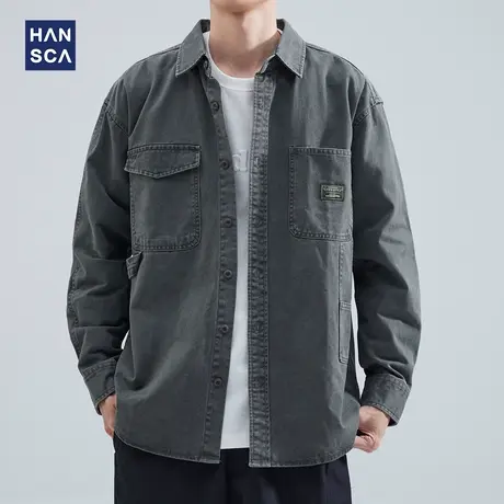 hansca工装衬衫外套男宽松复古日系春季新款潮牌大码纯棉休闲长袖商品大图