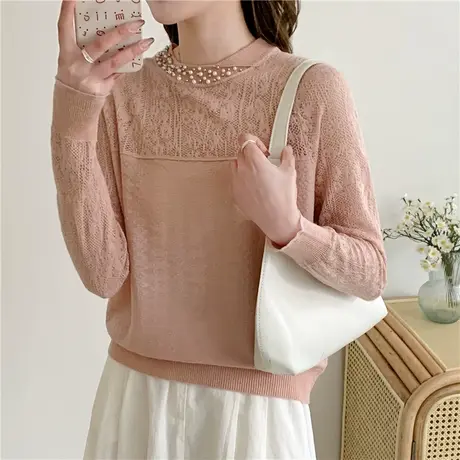 洋气薄款蕾丝打底衫女内搭早春2024新款钉珠圆领长袖修身针织上衣商品大图
