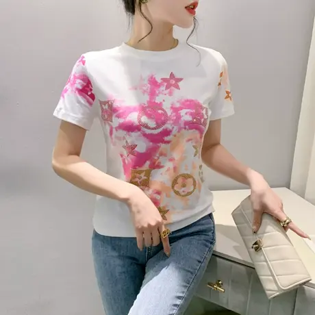 时尚圆领T恤女短袖ins潮欧货女装修身上衣复古印花重工烫钻打底衫商品大图