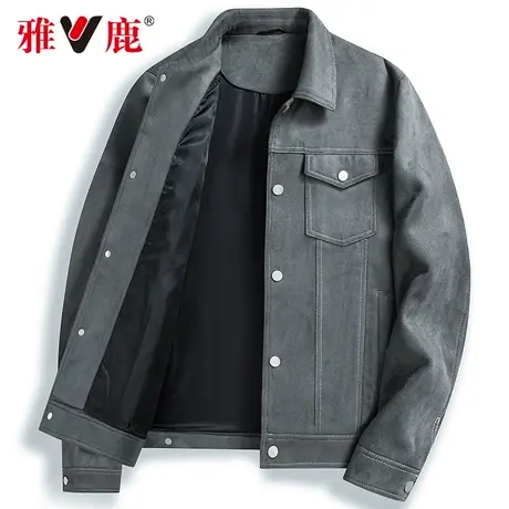 雅鹿2023春季新款宽松百搭翻领夹克男中青年外穿休闲麂皮绒外套男商品大图