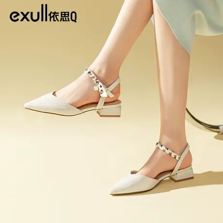 依思q包头凉鞋女2024年新款夏季法式尖头方跟低跟软底女时装单鞋商品大图