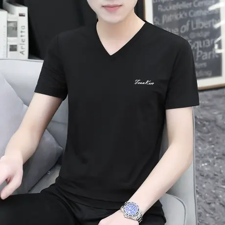 莫代尔棉黑色短袖t恤男装V领潮流夏季速干冰丝凉感半袖修身打底衫商品大图