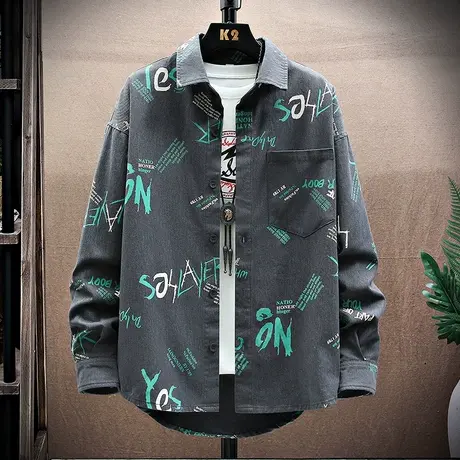 春秋季牛仔花衬衫男ins潮牌日系港风宽松长袖衬衣青少年学生外套图片