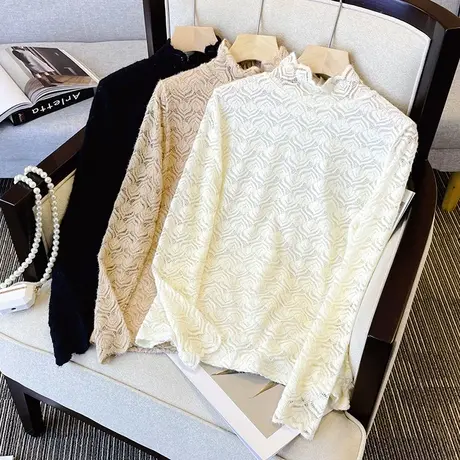2023年新款女装大码胖mm秋冬半高领蕾丝衫洋气百搭打底衫上衣9270商品大图