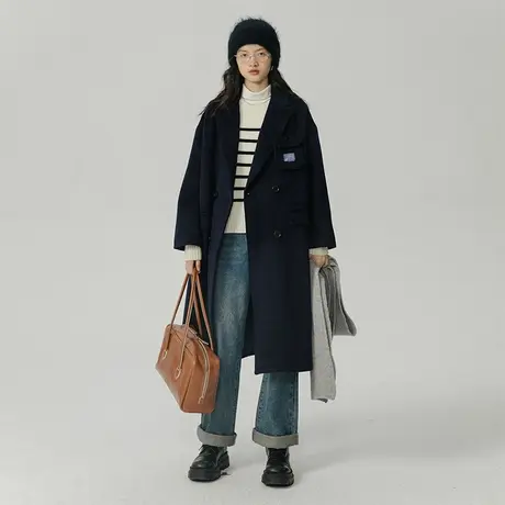 omont蛋挞家 双排扣毛呢大衣女秋冬宽松西装领中长款毛呢外套商品大图