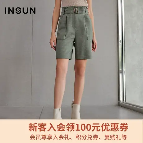 恩裳春季时尚通勤OL宽松廓形纯色腰带花苞休闲裤短裤女图片