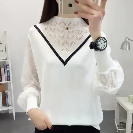 2023春装新款蕾丝拼接冰丝T恤宽松针织衫薄款内搭打底衫洋气女商品大图