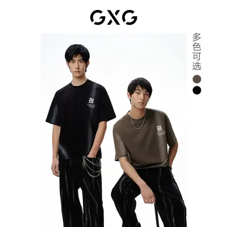 GXG男装 双色印花线条撞色圆领时尚短袖T恤 2023年春季新品图片