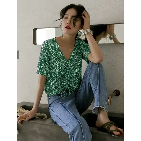 弥古花苞腰带洗水蓝色牛仔裤高腰显瘦长裤夏季宽松阔腿裤老爹裤女商品大图