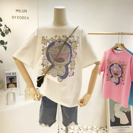 2021春夏新款韩国东大门重工水钻花朵卡通短袖T恤高品质欧货内搭图片