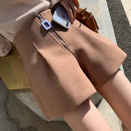 毛呢短裤女春秋夏显瘦外穿拉链高腰加厚呢子宽松阔腿a字打底靴裤商品大图