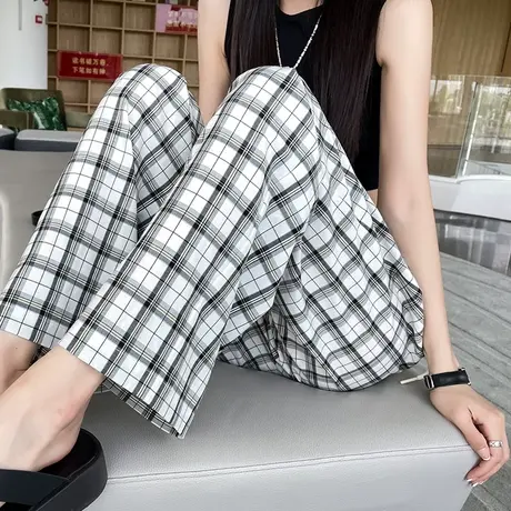 黑白格子阔腿裤女2023年春秋新款高腰垂感窄版宽松显瘦休闲拖地裤商品大图