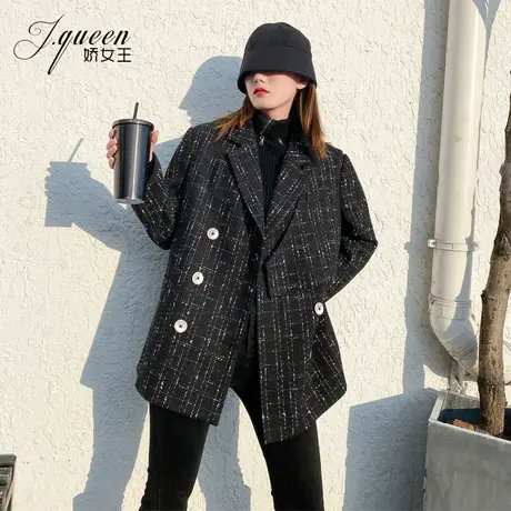 毛呢西装外套女加厚秋冬季宽松显瘦时髦名媛气质中长款呢子大衣商品大图