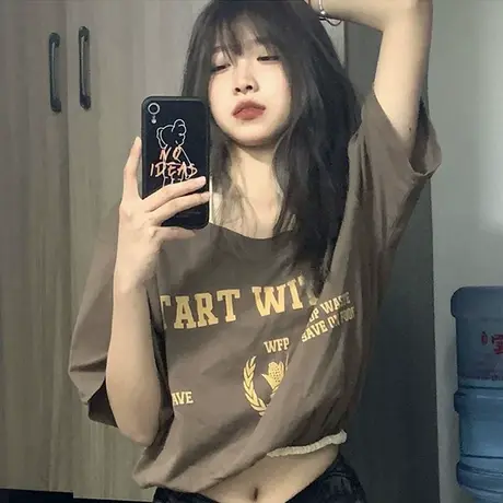 美式复古短袖t恤女夏季设计感小众短款露脐辣妹纯欲风上衣服ins潮商品大图