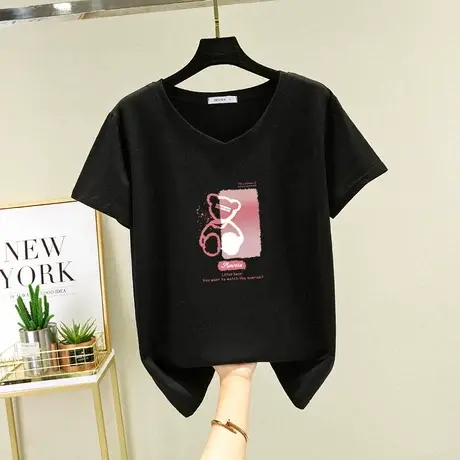 短袖t恤女纯棉宽松v领小熊上衣2022夏装新款韩版百搭学生打底体恤商品大图