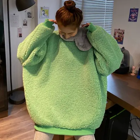 羊羔毛卫衣女2020秋冬ins宽松韩版chic港风加绒加厚waitmore外套商品大图