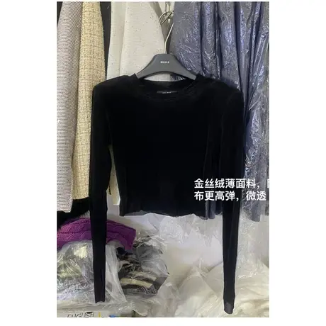2023秋季新款韩版丝绒小众设计感修身百搭T恤女显瘦短款长袖体恤图片