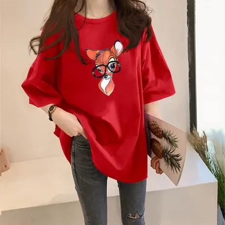 中长款短袖T恤女2023夏季新款韩版宽松百搭洋气欧货印花上衣女商品大图