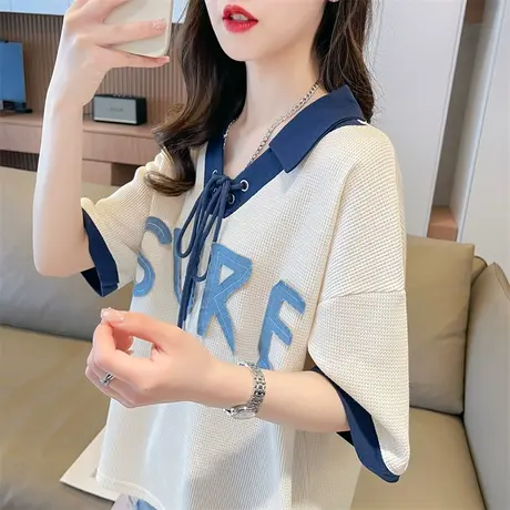 翻领polo衫短袖t恤女夏季韩版宽松大码撞色小众设计感假两件上衣商品大图