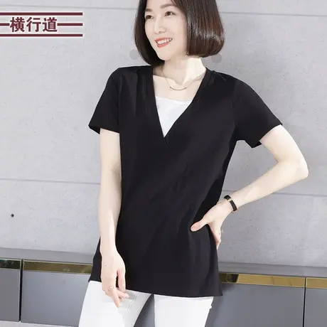 V领假两件中长款短袖2023新夏装纯色宽松休闲简约女上衣小衫半袖商品大图