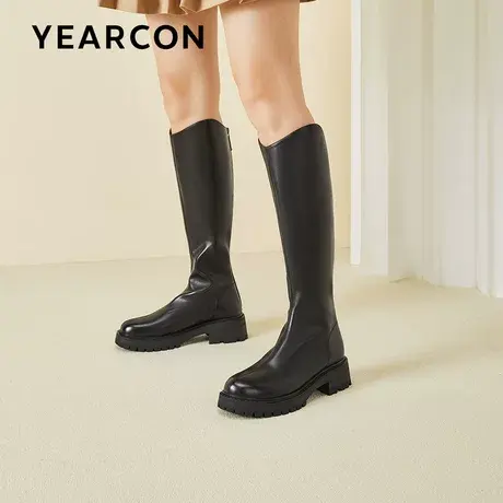 意尔康V口长筒靴子粗跟厚底长靴女2023年冬款加绒靴女高筒骑士靴商品大图