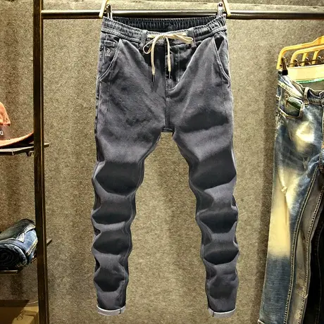 黑灰色松紧腰牛仔裤男修身小脚裤春秋季新款潮牌系带百搭休闲裤子商品大图