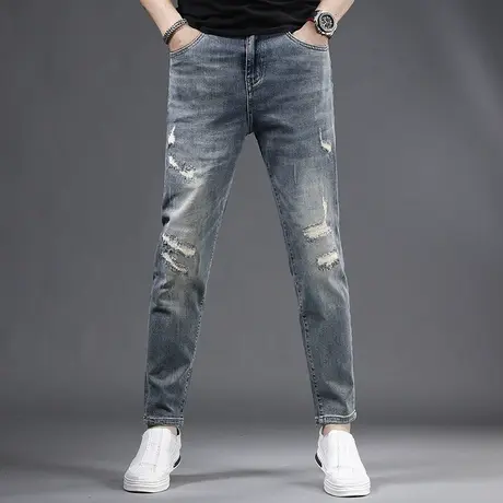 2023新款夏季破洞牛仔裤男宽松小直筒水洗复古潮牌男士裤子春秋款图片