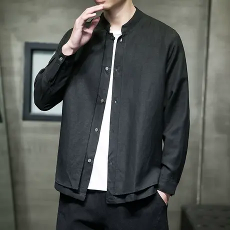 中国风亚麻衬衫男长袖假两件中山外套新中式男装汉服棉麻衬衣唐装图片