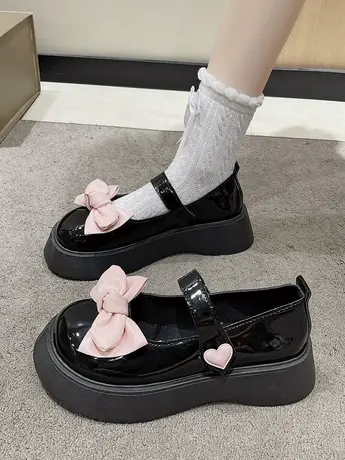 日系蝴蝶结黑色厚底小皮鞋女2023新款秋季法式复古浅口玛丽珍单鞋商品大图