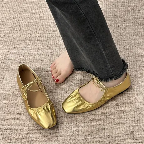 夜宴高光~~法式复古新款玛丽珍单鞋女小众系带金色银色软底平底鞋商品大图