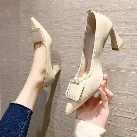 白色粗跟高跟鞋女2023年春秋新款工作女鞋尖头职业鞋子小方跟单鞋图片