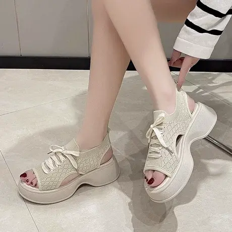 透气凉鞋女网面2023夏季弹力布厚底鱼嘴鞋松糕沙滩运动外穿凉鞋子商品大图