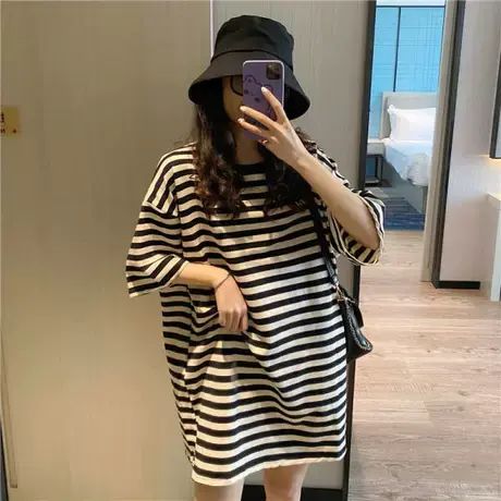 夏季大码胖mm短袖条纹T恤女装潮宽松下衣失踪半袖上衣ins潮200斤商品大图
