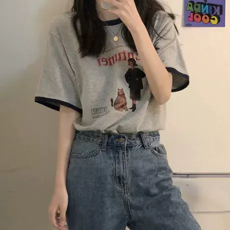 夏季新款大码胖mm复古撞色宽松遮肚正肩怪味少女短袖T恤上衣200斤商品大图