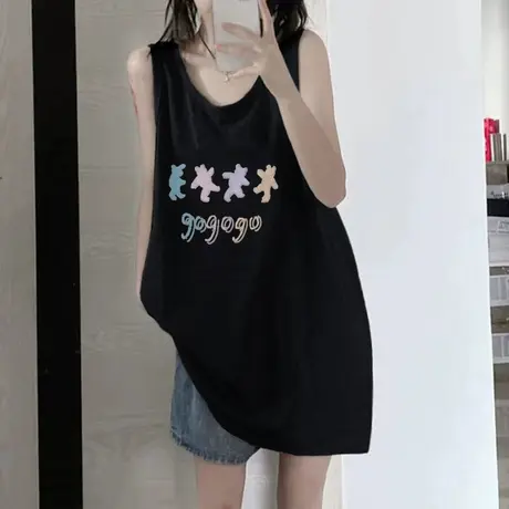 美式复古纯棉吊带运动坎肩背心无袖t恤女夏季外穿宽松篮球服上衣商品大图