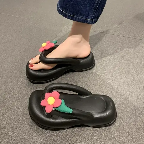 人字拖女外穿小众设计夏季可爱花朵踩屎感厚底夹脚沙滩防滑凉拖鞋商品大图