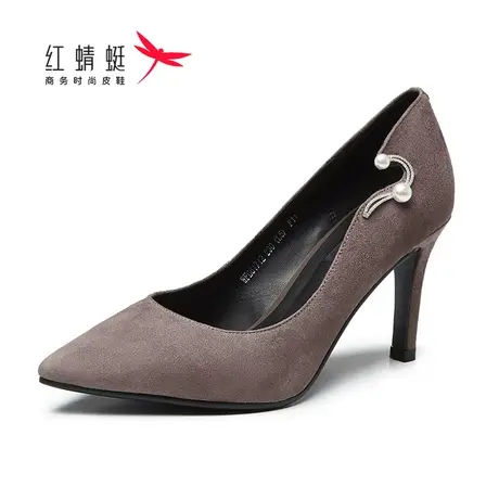 红蜻蜓女鞋高跟鞋春秋季浅口真皮细跟单鞋镂空柔软透气羊皮职场鞋图片