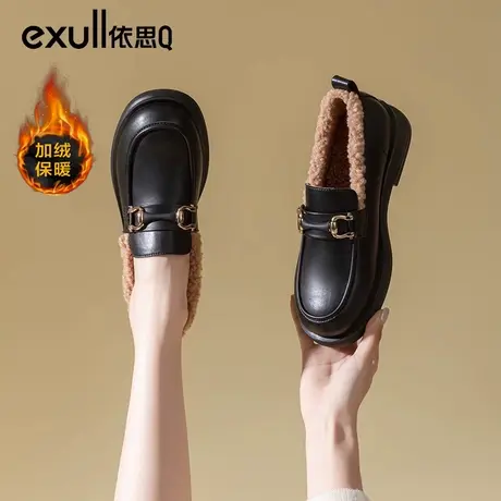 依思q毛毛鞋女冬外穿2023新款一脚蹬加绒羊羔毛乐福鞋软皮豆豆鞋商品大图