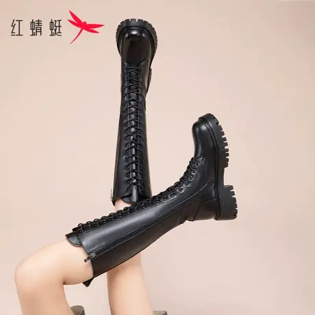 红蜻蜓厚底骑士靴2023秋冬新款加绒靴子女长筒靴小个子不过膝长靴图片