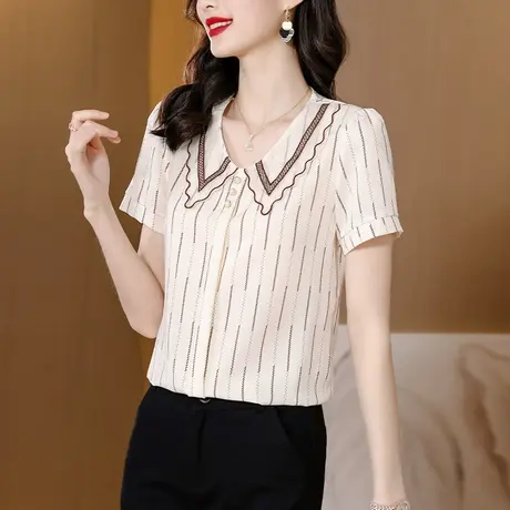 2023夏季新款娃娃领短袖雪纺衫女遮肚子显瘦洋气妈妈减龄衬衫上衣商品大图