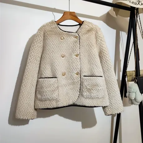 小香风毛衣外套女秋冬新款韩版宽松圆领口袋仿羊羔毛加厚大衣开衫商品大图