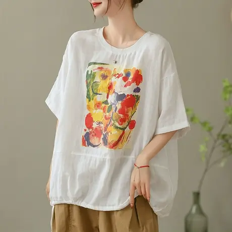 dza复古印花纯棉短袖T恤女2023夏薄白色打底体恤宽松显瘦套头上衣商品大图