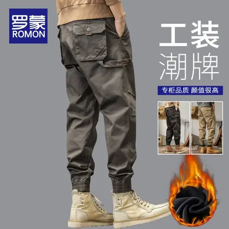罗蒙加绒加厚工装裤子男士秋冬季2023新款潮牌宽松束脚保暖休闲裤商品大图